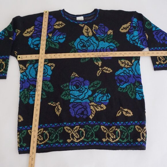 Vintage Holiday Time Black Floral Knit Sweater Eclectic Grandpa Grandmacore 22W - Picture 2 of 9